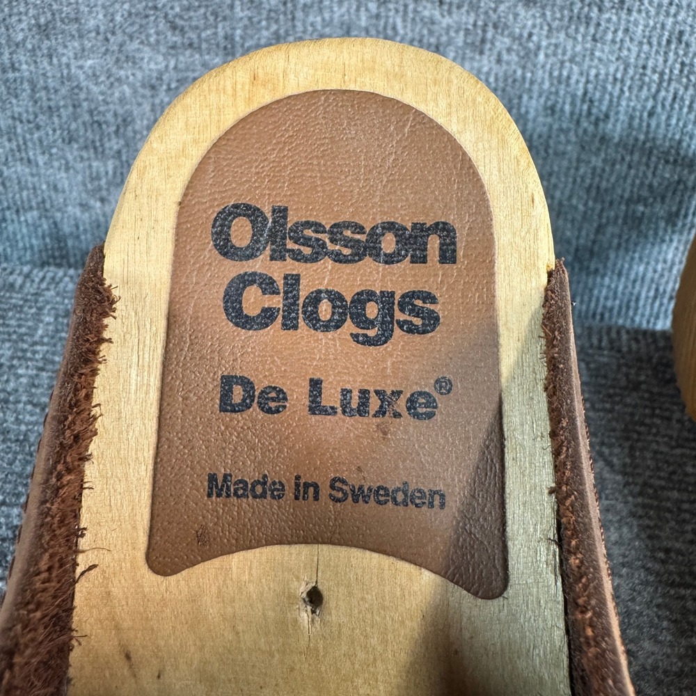 Olsson Clogs De Luxe Brown Leather Wooden Mules Made in Sweden Size 42 - Picture 12 of 16